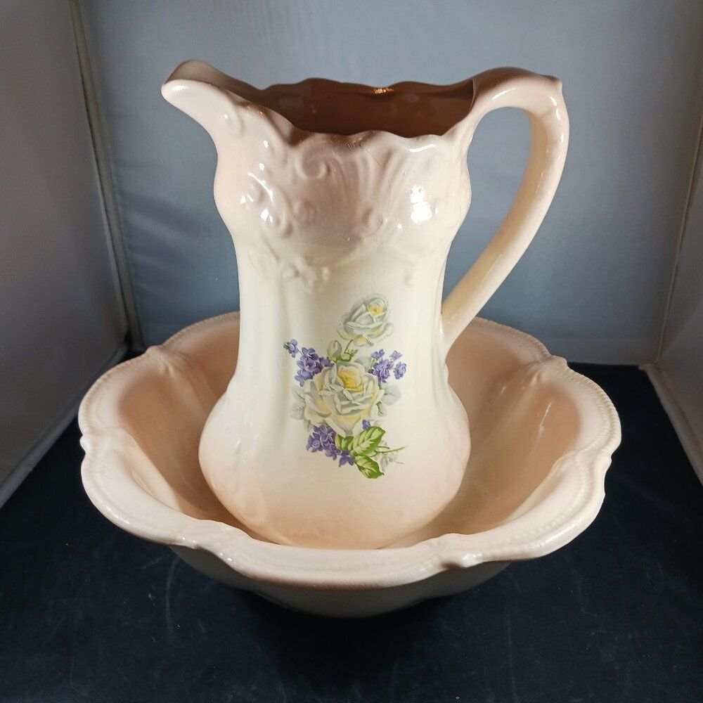 Vintage Victorian Style Floral Pitcher and Wash Bowl